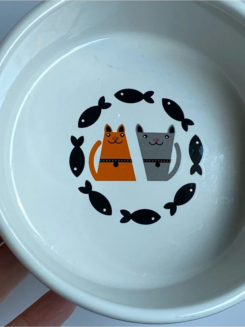 Cat Water Food Bowl Ceramic With Fish And Cats All Around Stoneware 5” Kitty EUC